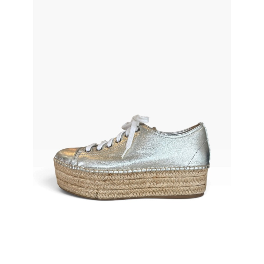 Miu Miu Silver Metallic Leather Espadrille Platform Sneakers Flatform 37 US 7